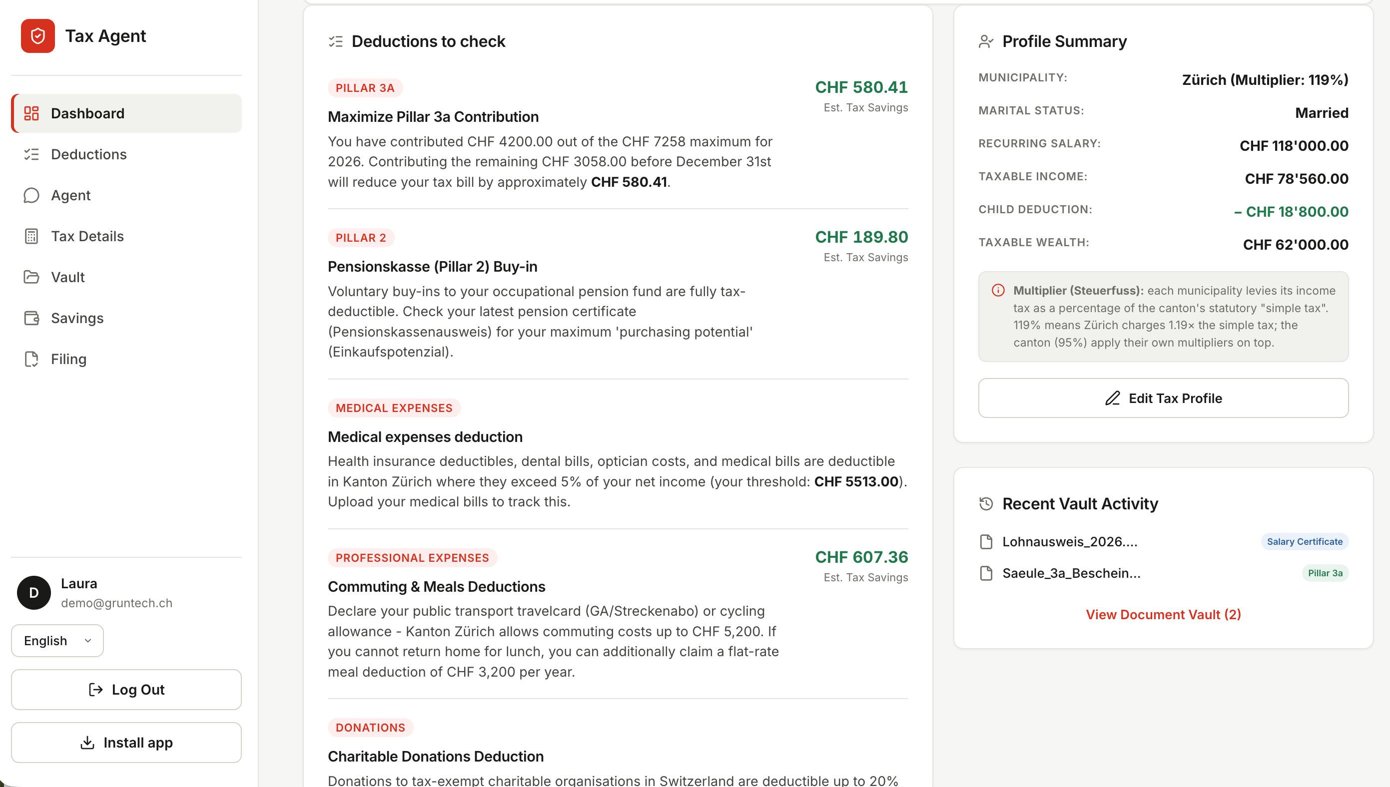 TaxAgent deductions to check, each with its estimated tax saving in francs, beside a profile summary showing the Zürich multiplier of 119 percent