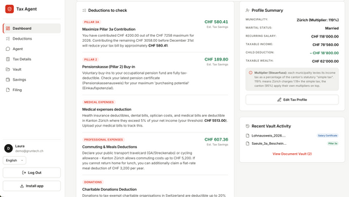 TaxAgent deductions to check, each with its estimated tax saving in francs, beside a profile summary showing the Zürich multiplier of 119 percent